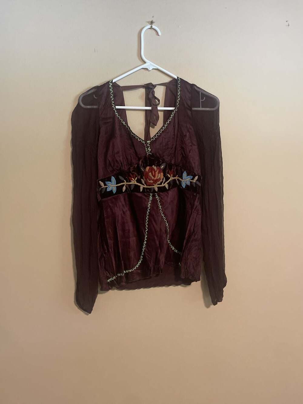 Vintage Y2K Boho Fairy Grunge Sheer Brown Long Sleeve Blouse with Floral Velvet